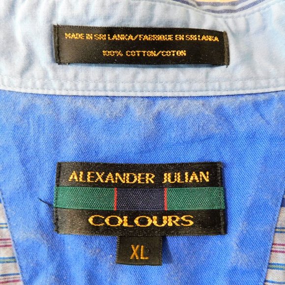 Alexander Julian Colours Shirt XL Blue Stripes Checks Short Sleeve Collar Cotton - Picture 8 of 9